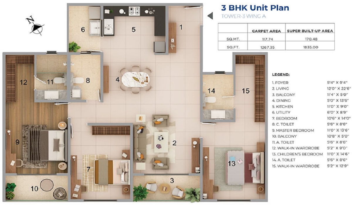 3BHK floor plan Adarsh Lumina Apartments in Sarjapur Road, Bangalore