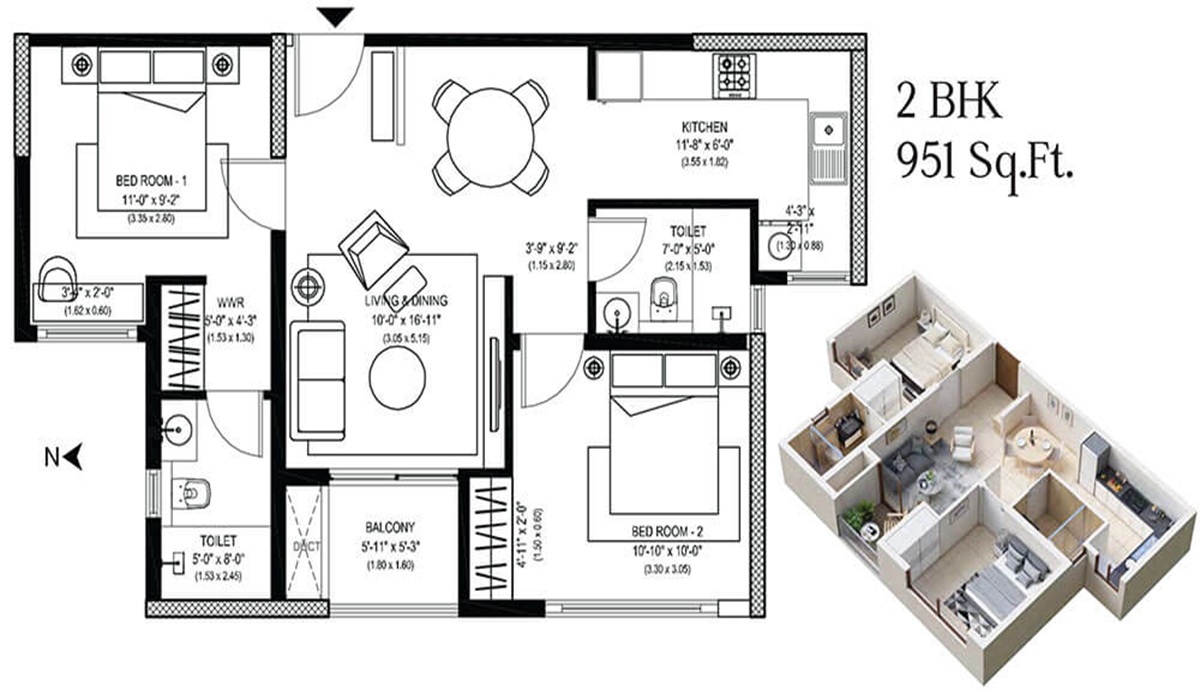 2BHK Floor Plan ARATT Alchemy One on Madras Road, Bangalore