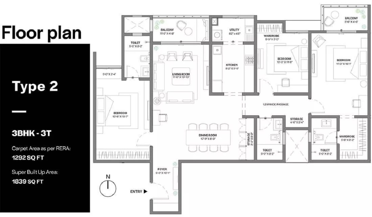 3BHK Floor Plan Assetz Bloom & Dell, Whitefield, Bangalore