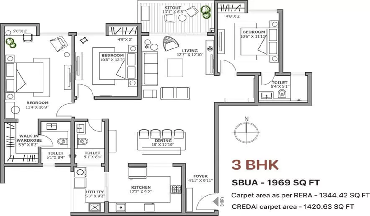 3BHK Floor Plan Assetz Soho & Sky in Jakkur, Bangalore