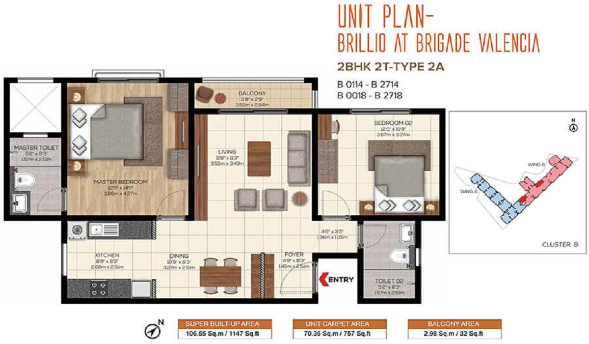 2BHK Floor Plan Brillio at Brigade Valencia Phase 2 in Hosur Road, Bangalore