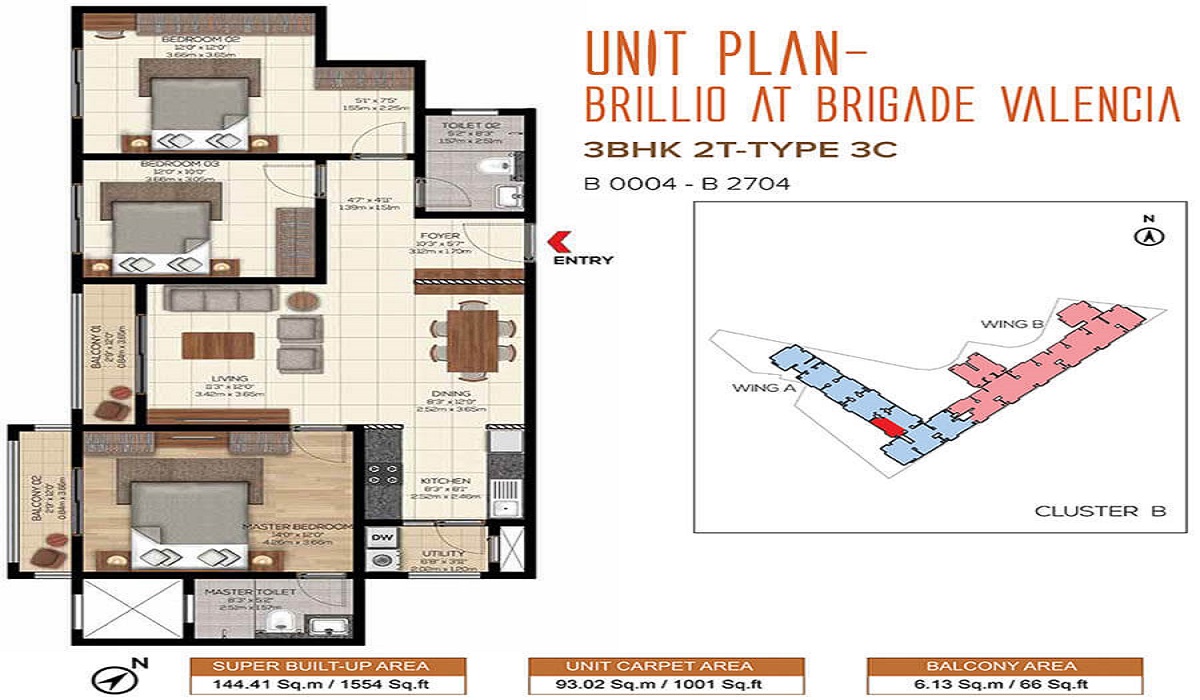 3BHK Floor Plan Brillio at Brigade Valencia Phase 2 in Hosur Road, Bangalore