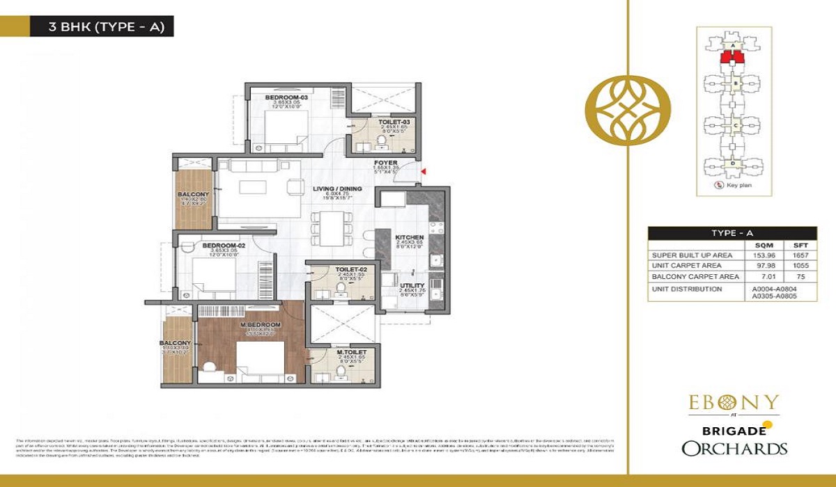 3BHK Floor Plan Ebony at Brigade Orchards in Devanahalli, Bangalore