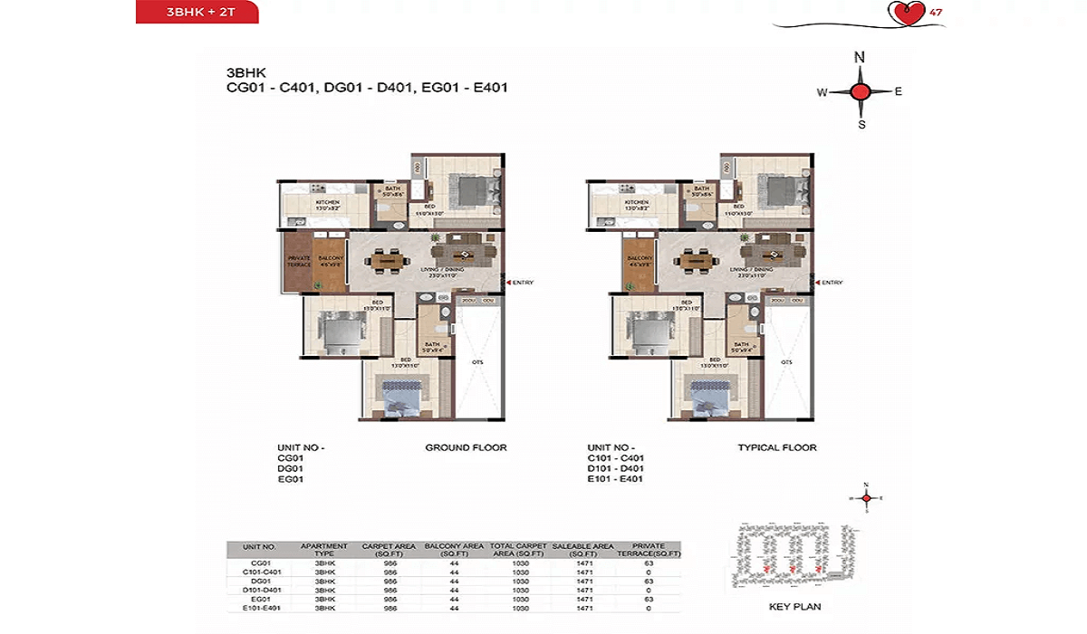 3BHK Floor Plan Casagrand Amor in Bannerghatta Road, Bangalore