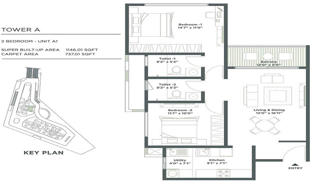2BHK Floor Plan Embassy East Avenue in Whitefield, Bangalore