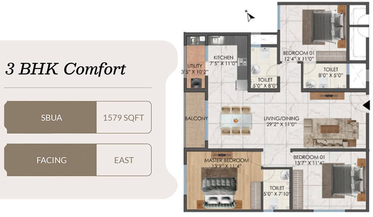 3BHK Floor Plan Mana Cresta Apartments in Sarjapur Road, Bangalore