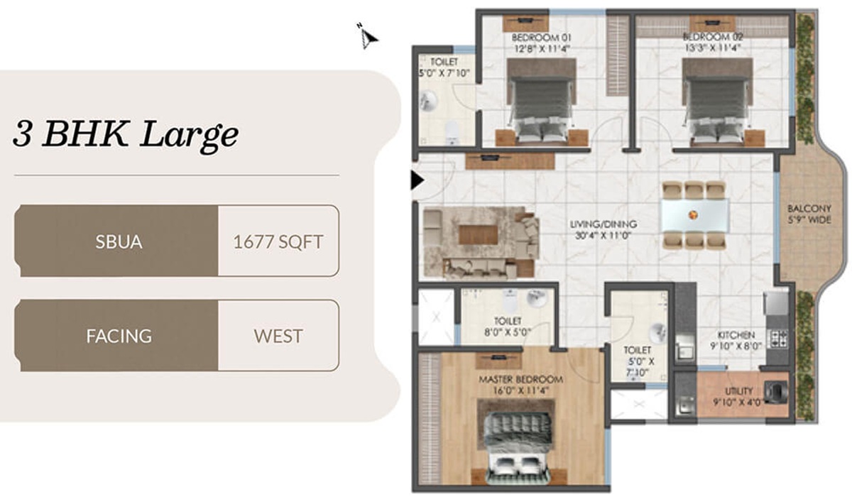 3BHK Floor Plan Mana Cresta
