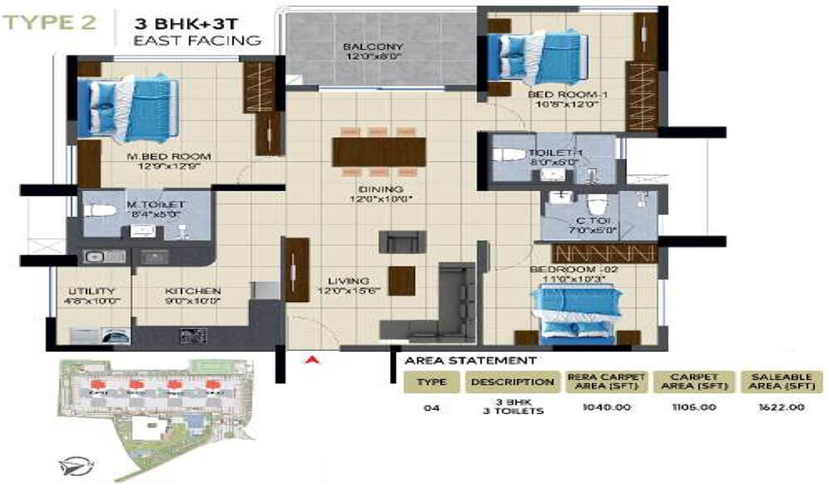 3BHK Floor Plan NCC Urban Lake Springs in Anjanapura, JP Nagar, Bangalore