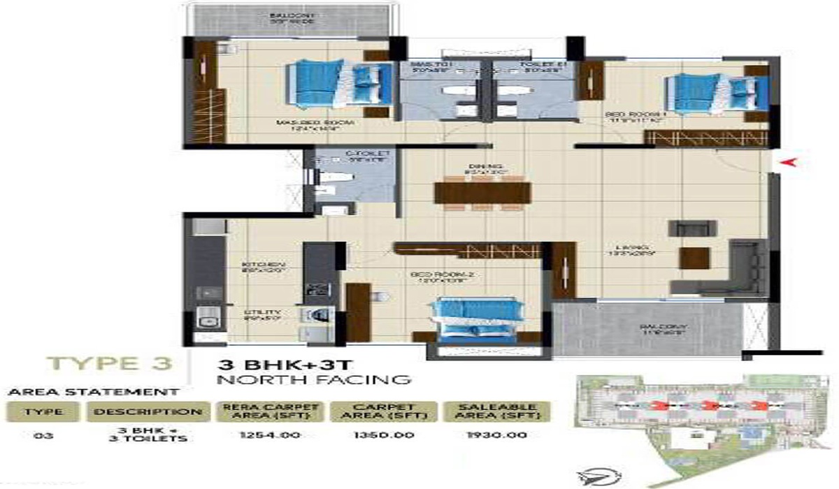 3BHK Floor Plan NCC Urban Lake Springs in Anjanapura, JP Nagar, Bangalore