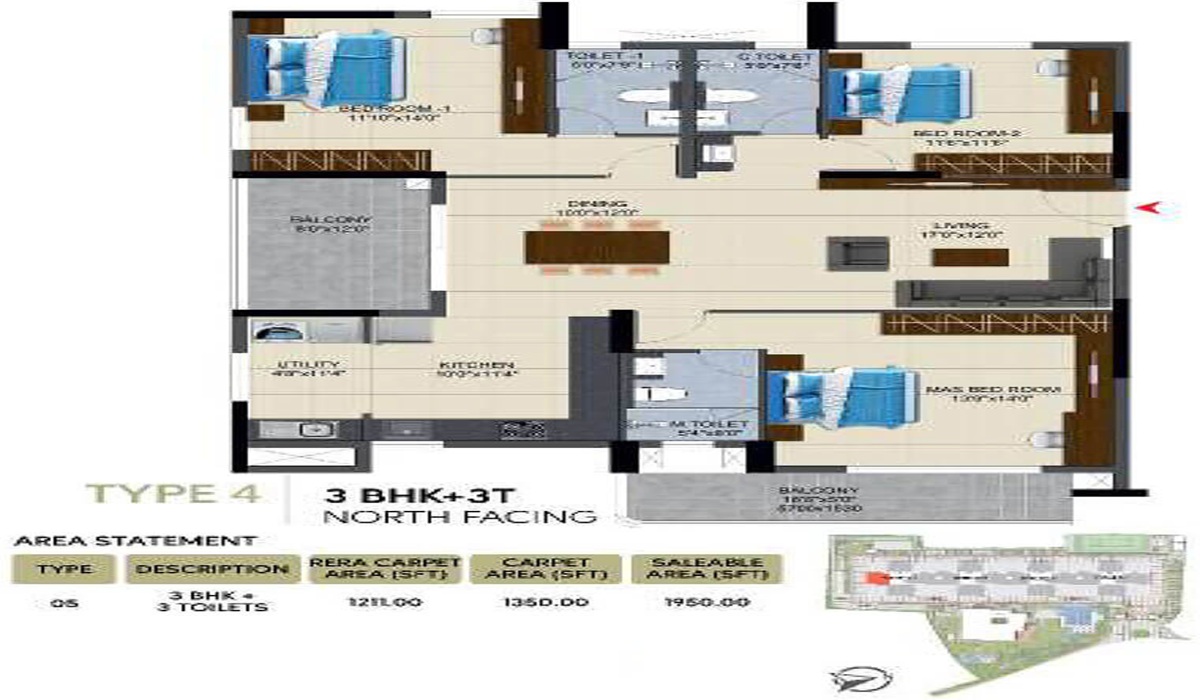 3BHK Floor Plan NCC Urban Lake Springs in Anjanapura, JP Nagar, Bangalore