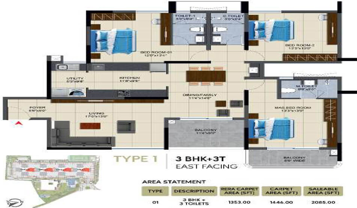 3BHK Floor Plan NCC Urban Lake Springs