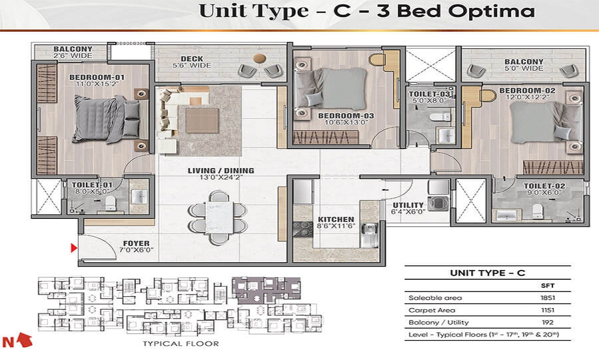 3BHK Floor Plan Prestige Camden Gardens in Thanisandra Road, Bangalore