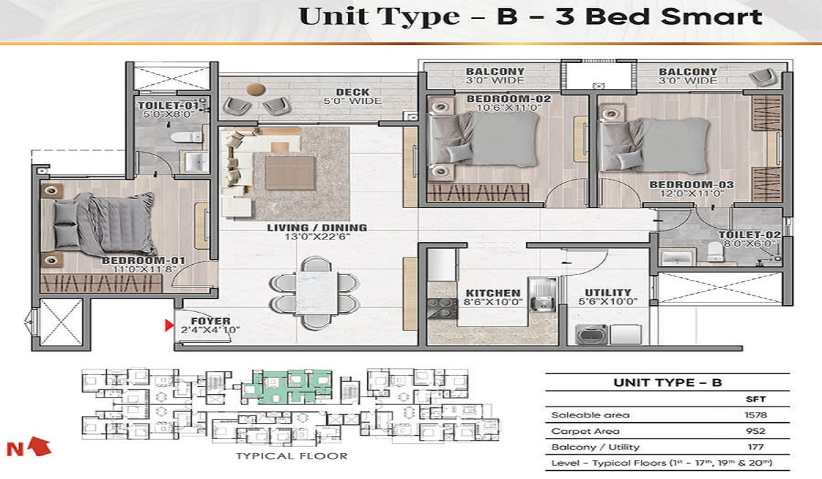 3BHk Floor Plan Prestige Camden Gardens in Thanisandra Road, Bangalore