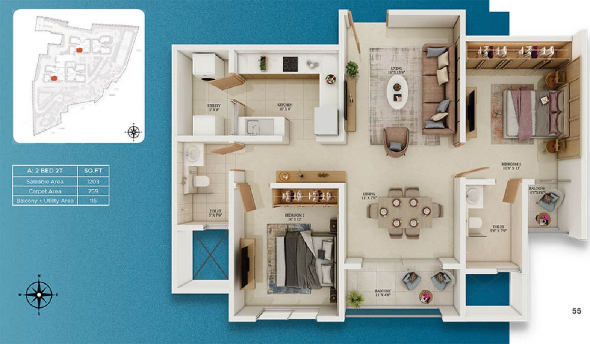 2BHk Floor Plan Prestige Somerville in Varthur Road, Whitefield, Bangalore