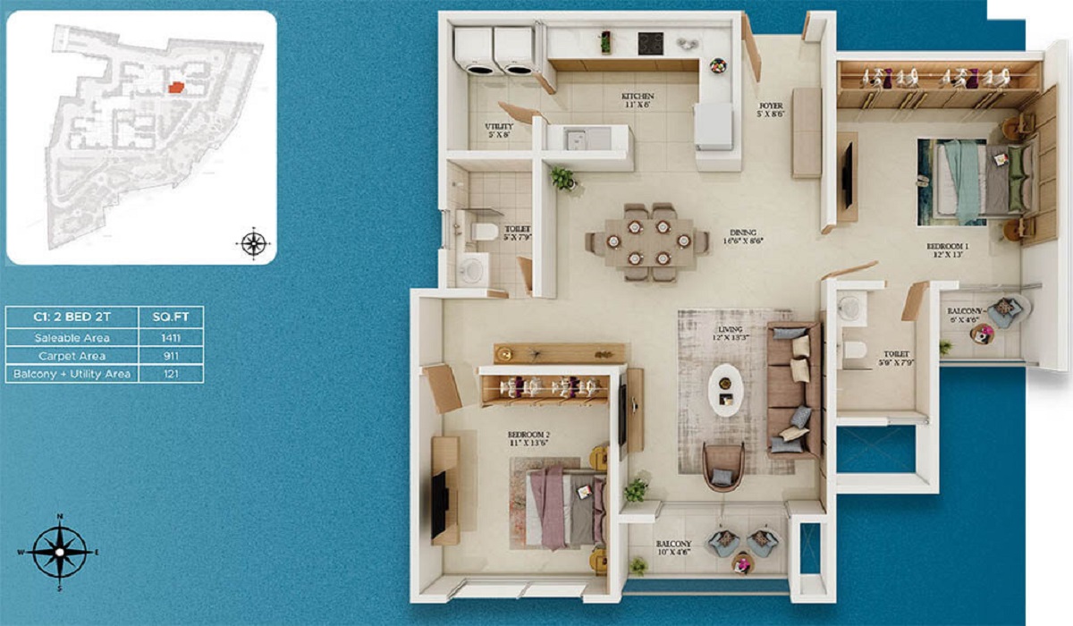 2BHk Floor Plan Prestige Somerville in Varthur Road, Whitefield, Bangalore