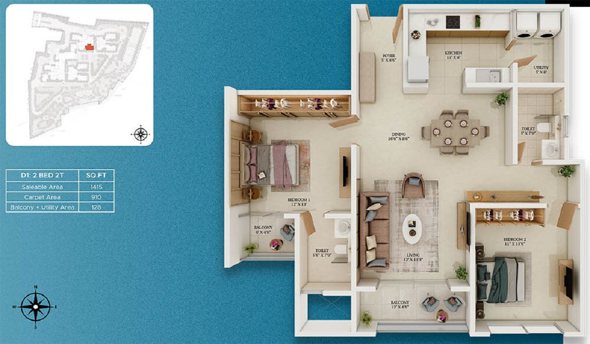 Prestige Somerville in Varthur Road, Whitefield, Bangalore 2BHK Floor Plan