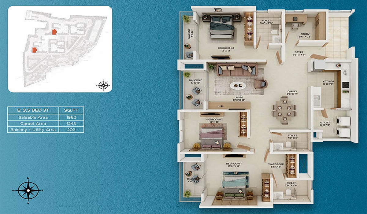 3.5 BHK Floor Plan Prestige Somerville in Varthur Road, Whitefield, Bangalore