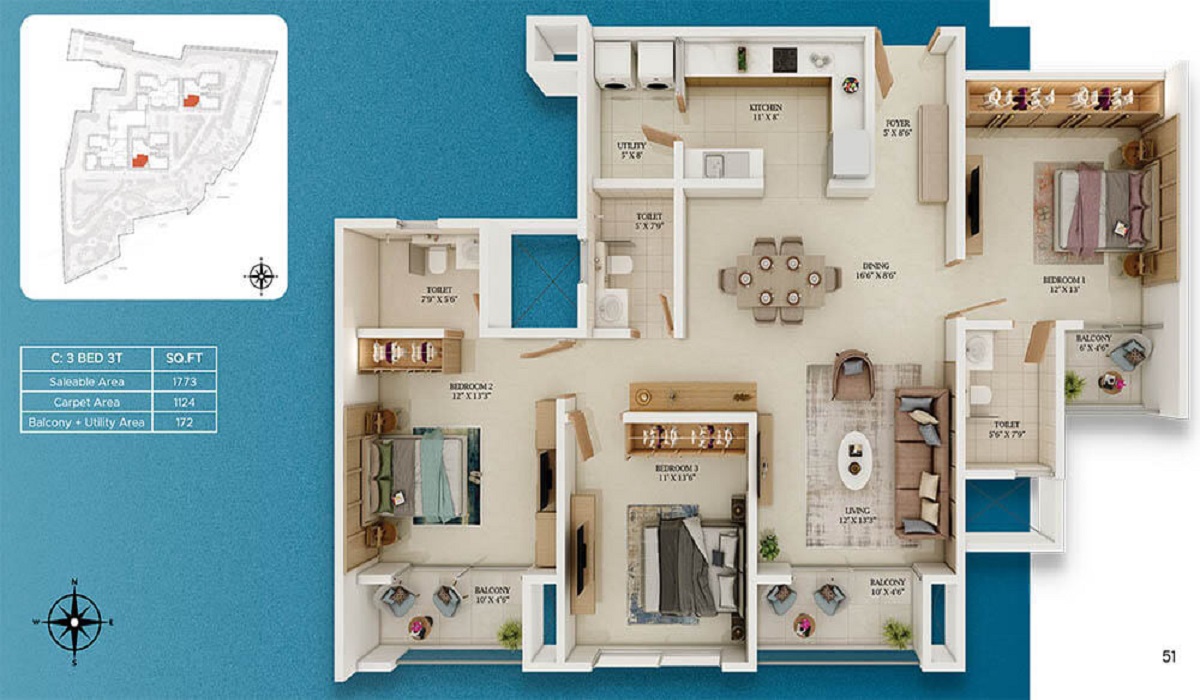 3BHK Floor Plan Prestige Somerville in Varthur Road, Whitefield, Bangalore