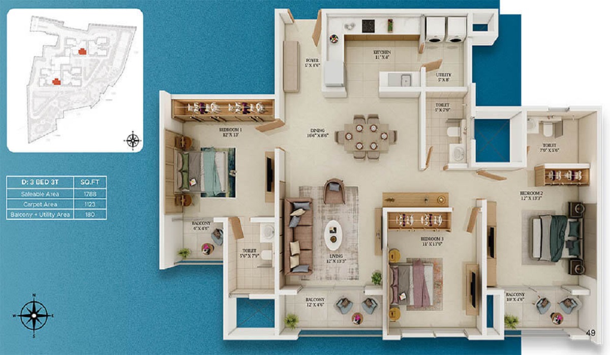 3BHk Floor Plan Prestige Somerville in Varthur Road, Whitefield, Bangalore