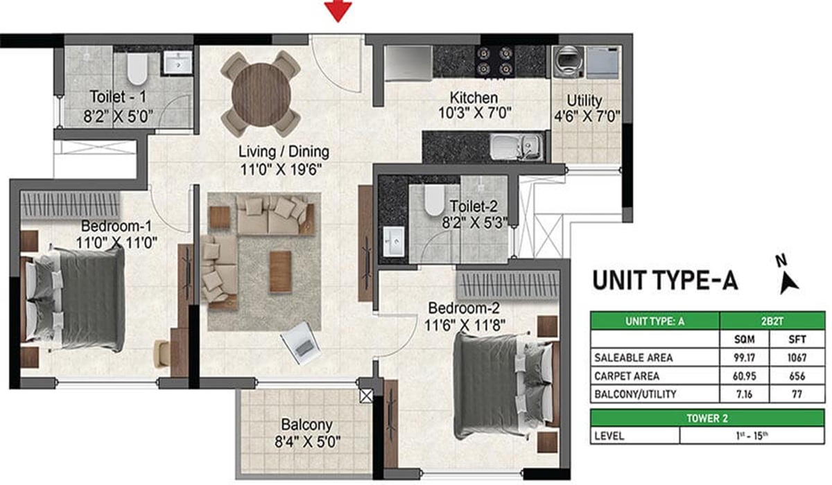 2BHK Floor Plan Prestige Glenbrook in Whitefield, Bangalore