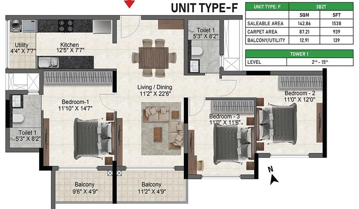 3BK Floor Plan Prestige Glenbrook in Whitefield, Bangalore