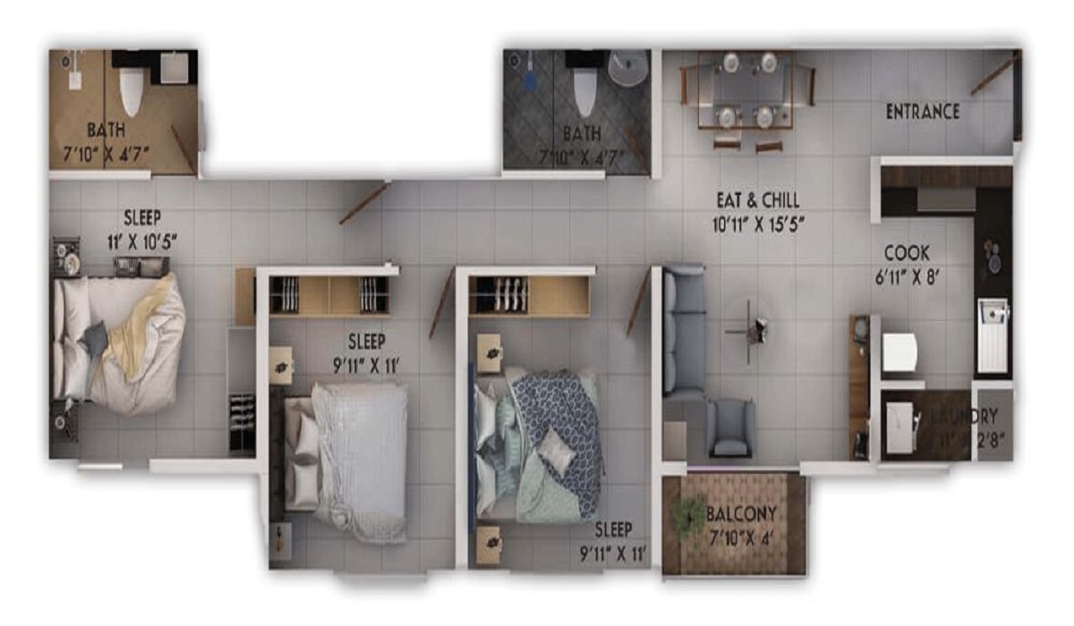 Provident Sunworth City in Mysore Road, Bangalore 3BHK Floor Plan