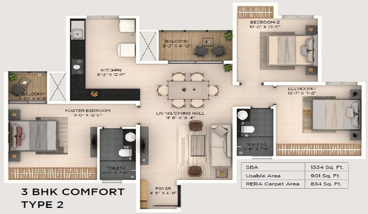 Provident Botanico Soukya Road, Whitefield, Bangalore 2BHK Floor Plan