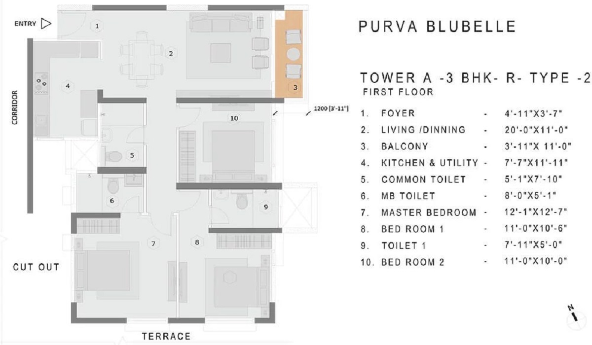 3BHK Floor Plan Purva Blubelle