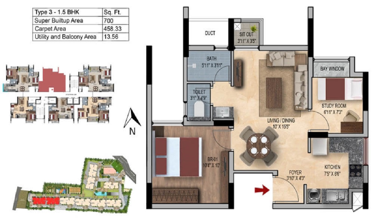 SNN Estates Felicity near Manyata Tech Park, Rachenahalli, Bangalore 1.5 BHK Floor Plan