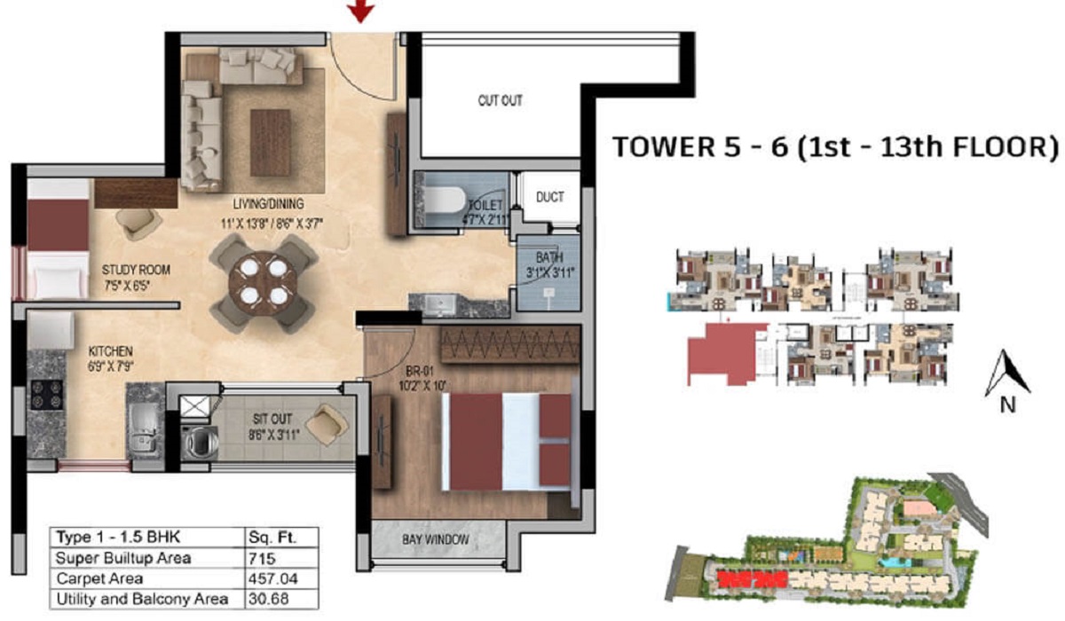1.5 BHK Floor Plan