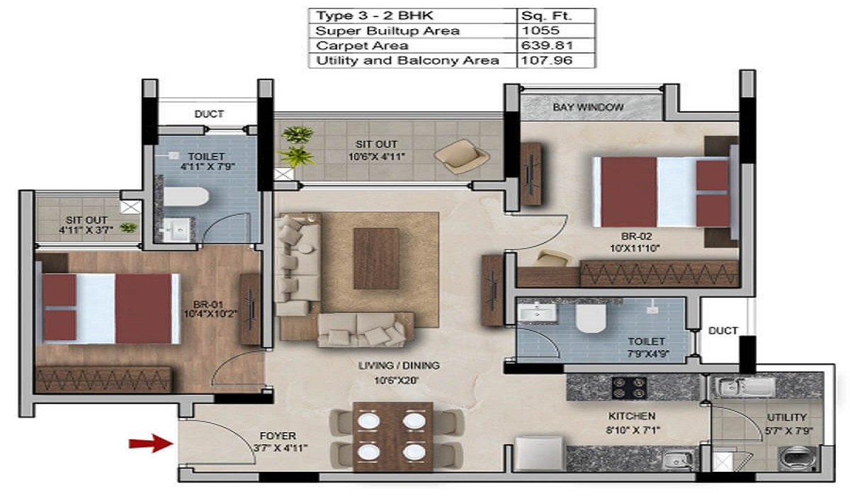 SNN Estates Felicity near Manyata Tech Park, Rachenahalli, Bangalore 2BHk Floor Plan
