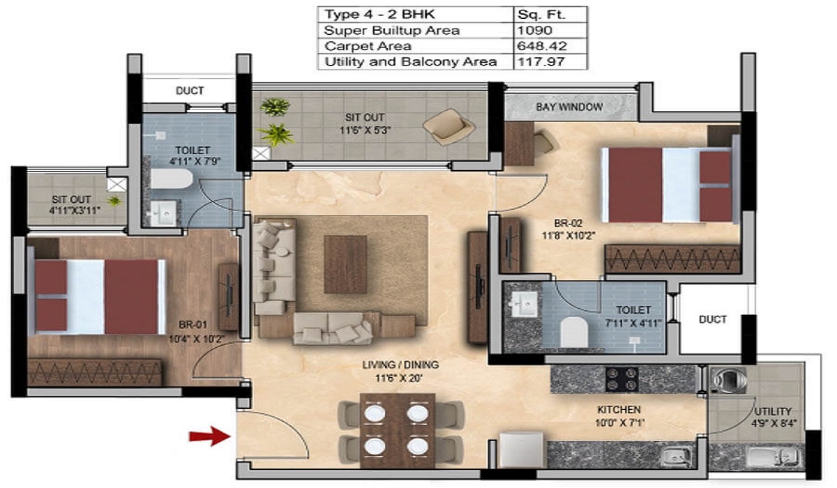 2BHK luxury Apartments Floor Plan