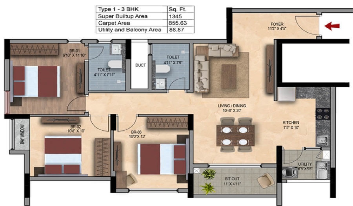 SNN Estates Felicity near Manyata Tech Park, Rachenahalli, Bangalore 3BHK Floor Plan