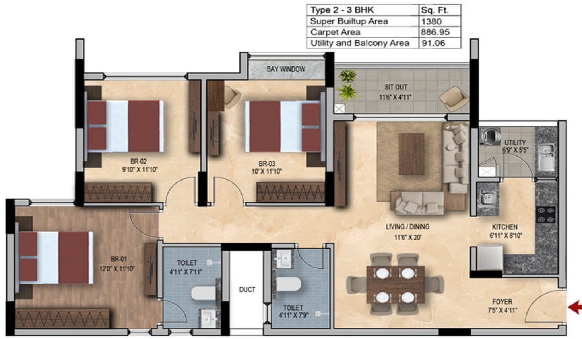 3BHK Floor Plan