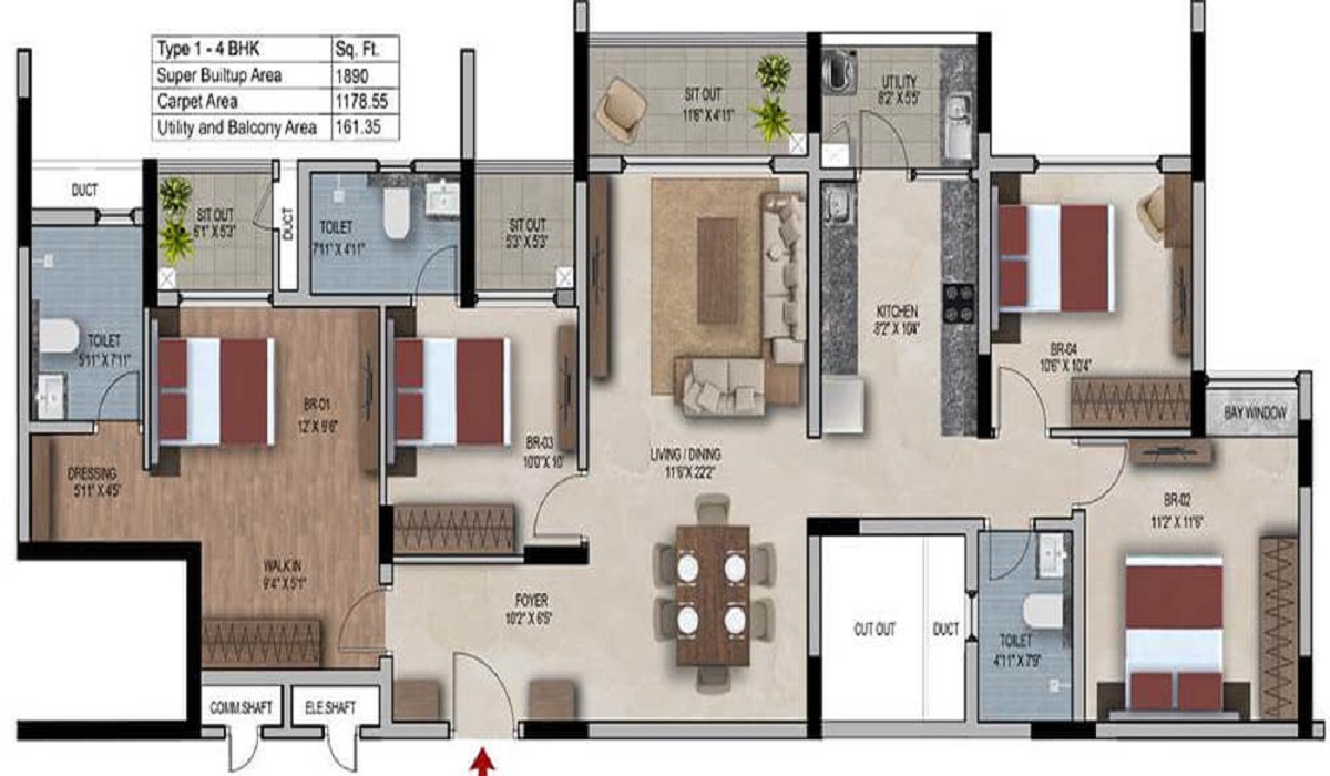 SNN Estates Felicity near Manyata Tech Park, Rachenahalli, Bangalore 4BHk Floor Plan