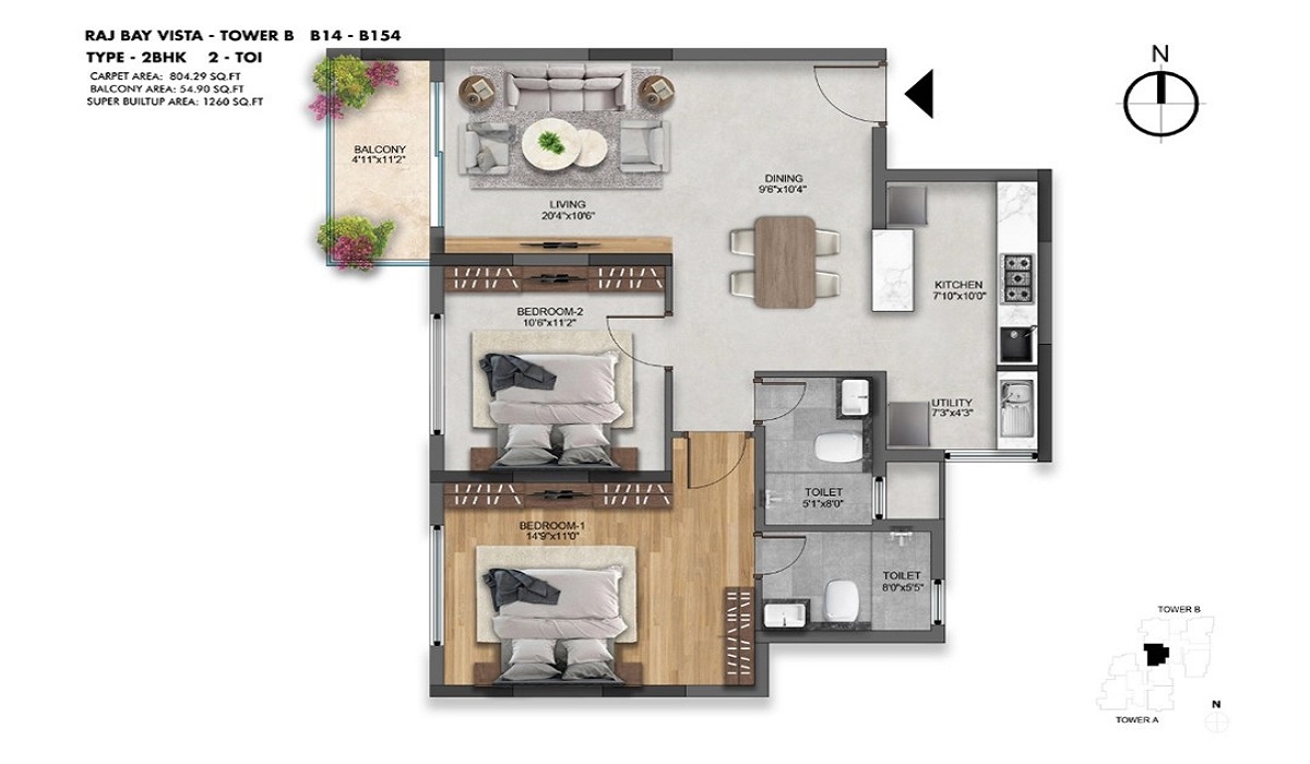 SNN Raj Bay Vista in Bilekahalli, Bannerghatta Road, Bangalore 2BHK Floor Plan