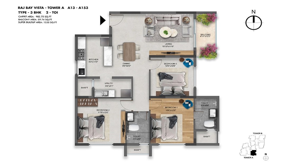 SNN Raj Bay Vista in Bilekahalli, Bannerghatta Road, Bangalore 3BHK Floor Plan