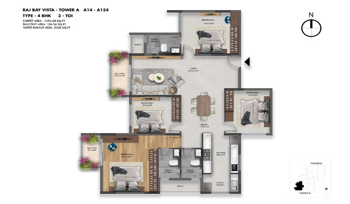 SNN Raj Bay Vista in Bilekahalli, Bannerghatta Road, Bangalore 4BHK Floor Plan