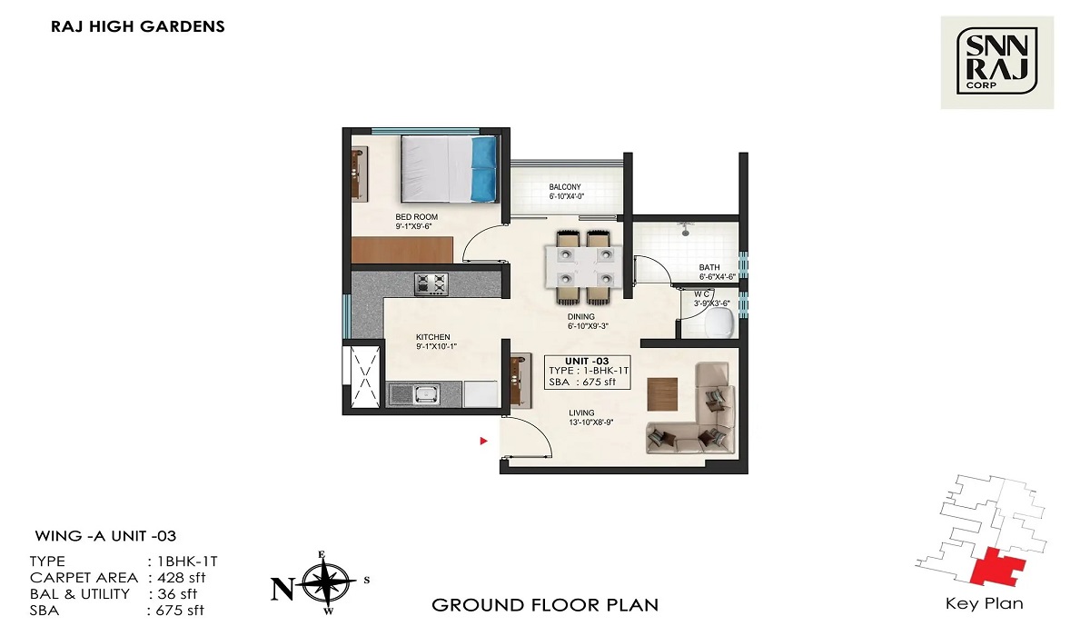 SNN Raj High Gardens Hosur Road Bangalore 1BHK Apartments Floor Plan