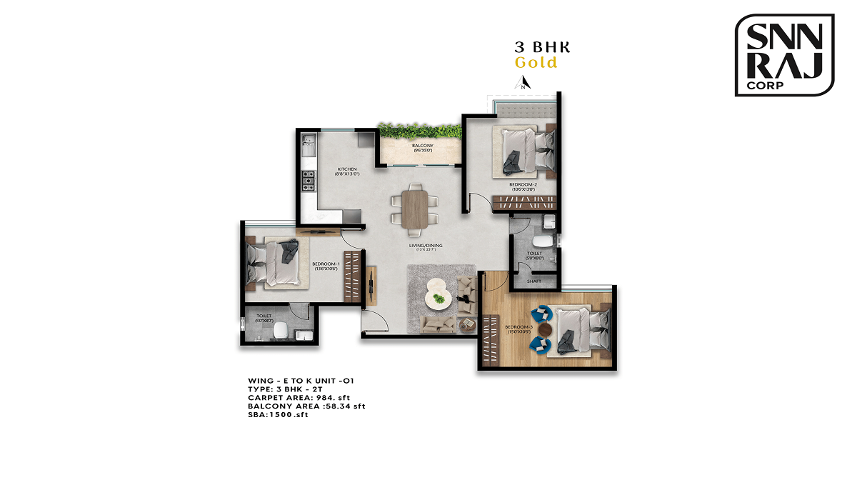 SNN Raj High Gardens Hosur Road Bangalore 3BHK Apartments Floor Plan