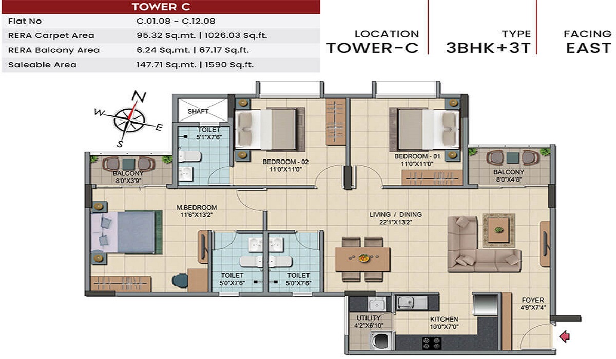 Shriram Codename Smash Hit 3BHK Apartment Floor Plan