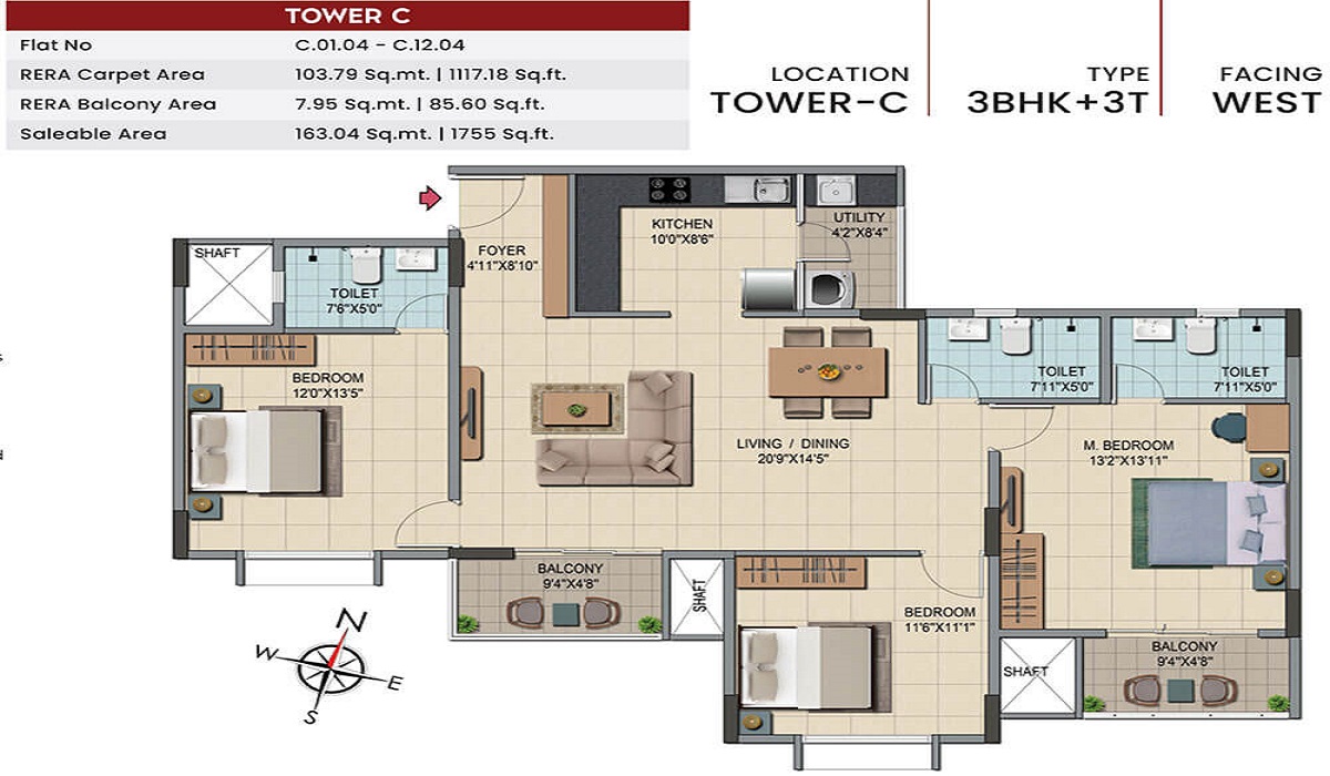 3BHK Premium Apartment Floor Plan in Yelahanka