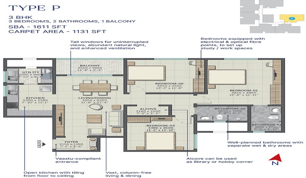 Sobha Neopolis in Panathur, Bangalore 3 BHK Floor Plan