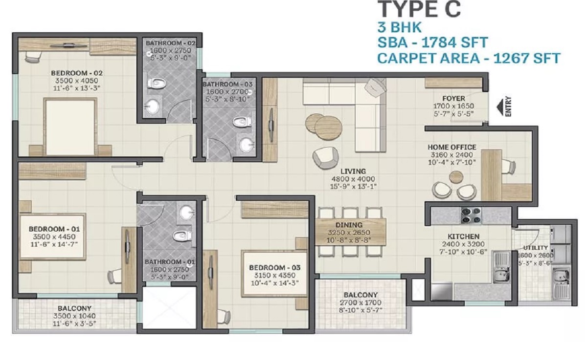 Sobha Victoria Park on Hennur Road, Bangalore 3BHK Floor Plan