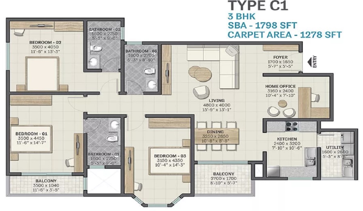 3BHK Apartments Floor Plan