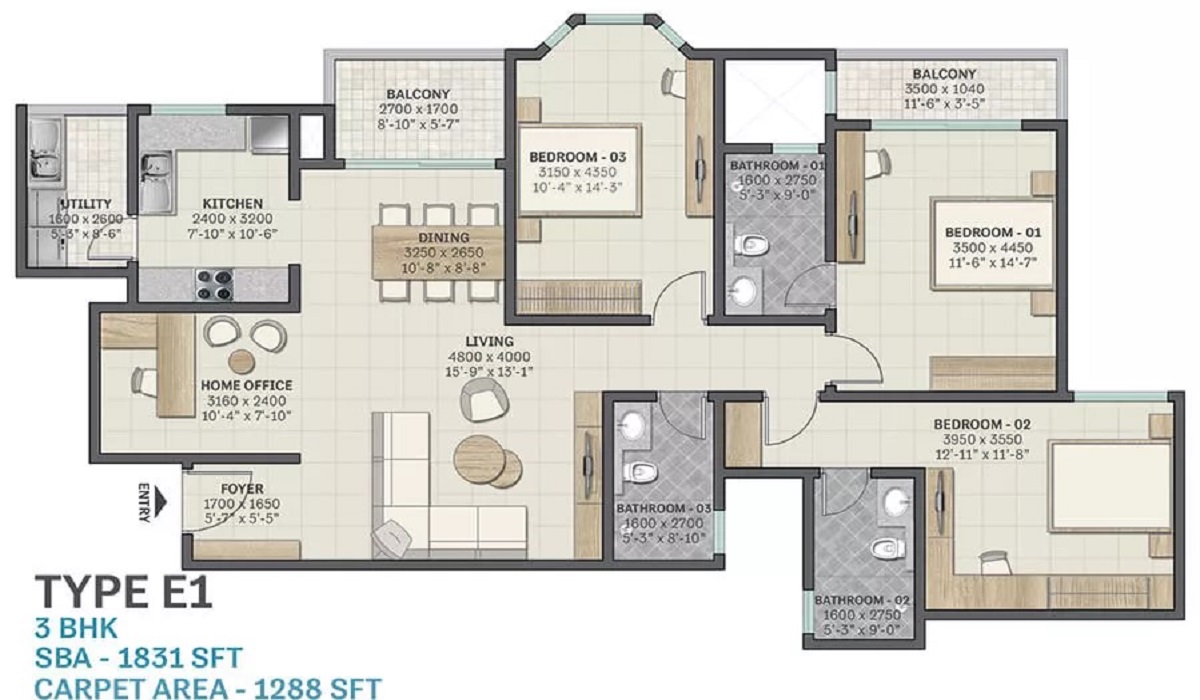 3BHK Residential Floor Plan