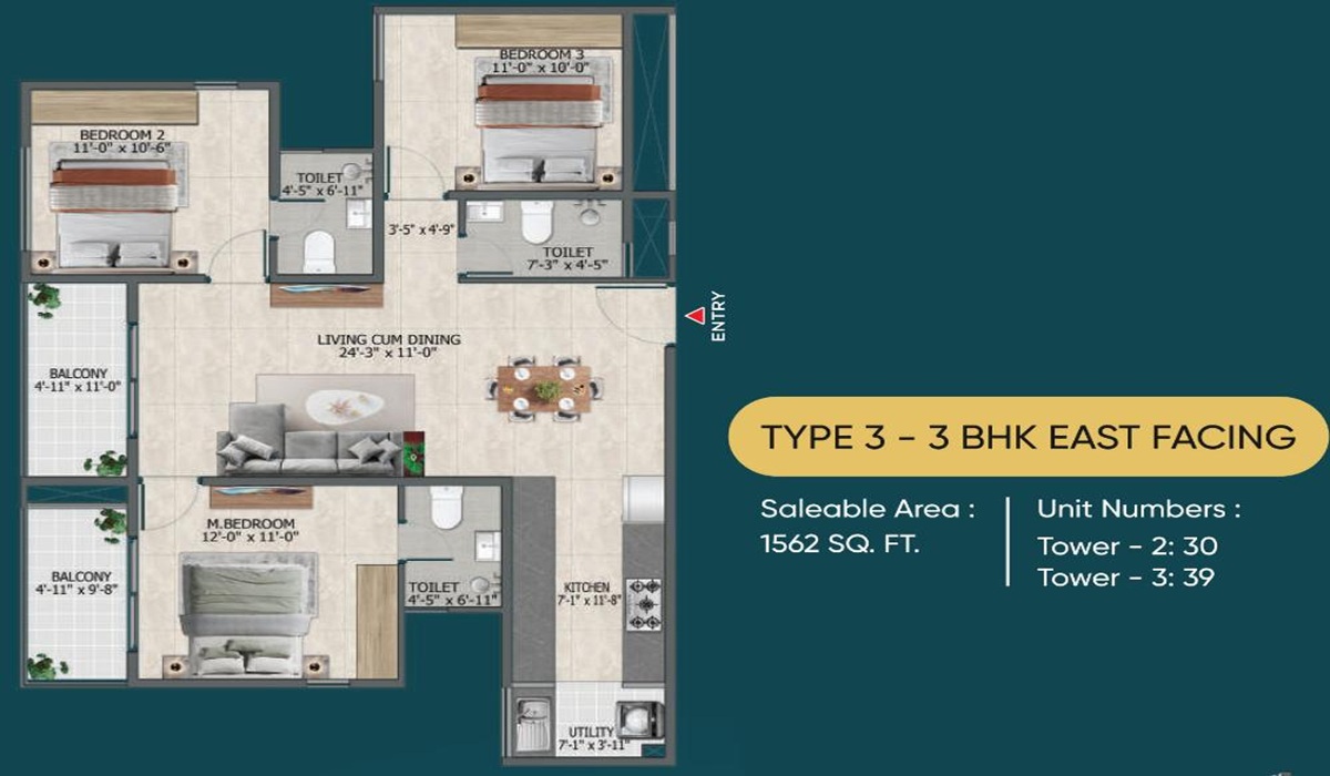 3BHK Apartments Floor Plan