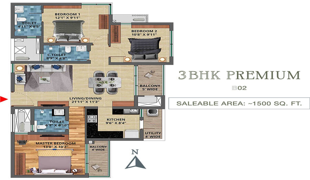 3 BHK floor Plan