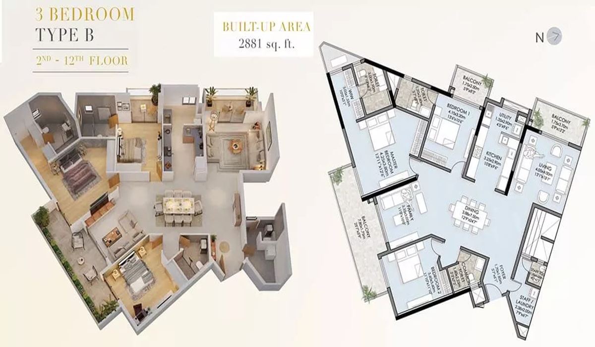 3 BHK Apartments ulsoor Floor Plan