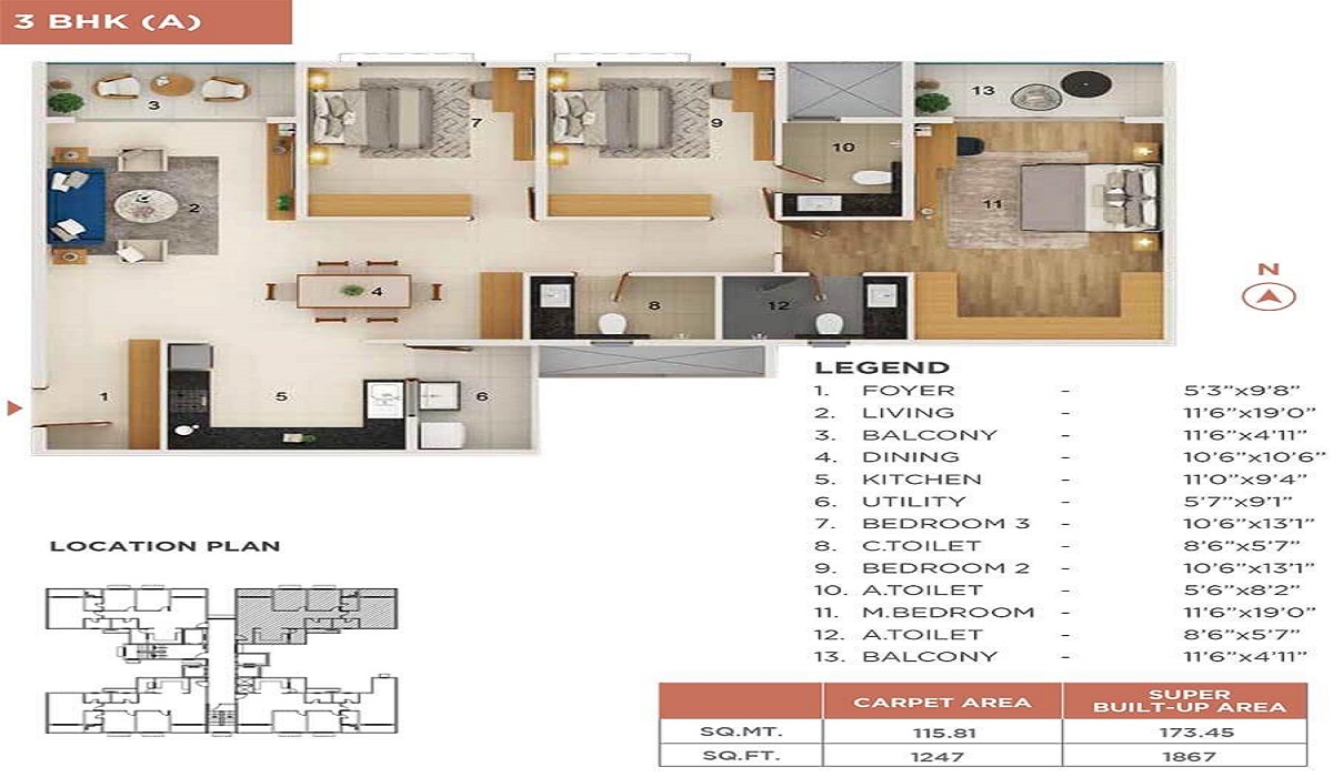 3BHK Floor Plan Adarsh Welkin Park Villas off Sarjapur Road, Bangalore